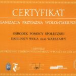 2012 rok - Certyfikat Organizacji Przyjaznej Wolontariuszom