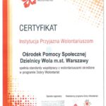 2017 rok - Certyfikat Instytucji Przyjaznej Wolontariuszom